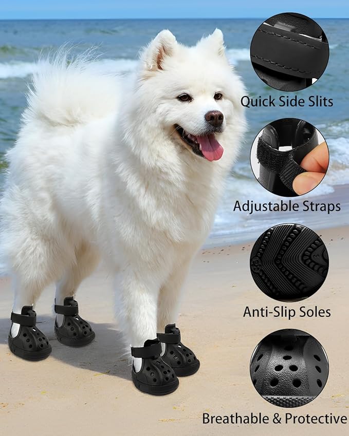 Dog Boots for Hot Pavement & Snow – Waterproof Non-Slip Dog Shoes with Reflective Straps, Adjustable Easy-On Pet Booties for Small Medium Large Dogs, Outdoor Paw Protection, 4Pcs