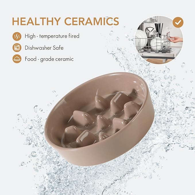 Ceramic 1.2 Cup Dog Bowl Slow Feeder, 7.3 inch Slow Pet Food Dish for Medium and Small Dog, Stop Bloat, Stop Bloat, Preventing Choking(Single Bowl, Brown Coffee)