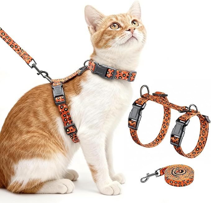 Halypet Cat Harness and Leash Set, Escape Proof 3-in-1 Adjustable Harness for Cats & Kitten, Soft Lightweight, Easy On & Control for Walking, Travel & Outdoor Use, Vibrant Leopard Orange, Small