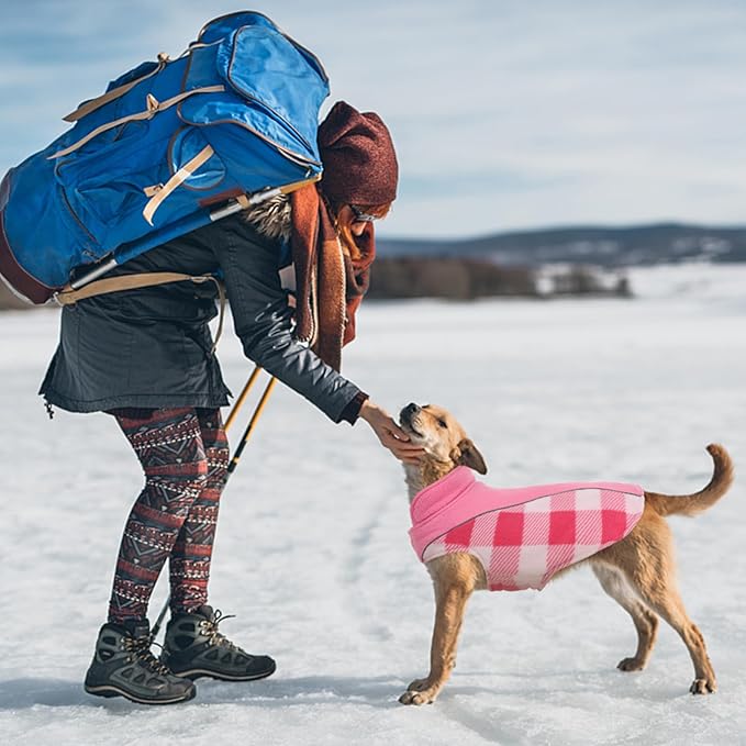 Kuoser Dog Winter Coat, Reversible Waterproof Dog Jacket with Leash Hole, Warm Dogs Fleece Vest Adjustable Doggy Cold Weather Clothes Plaid Christmas Outfit Pet Apparel for Extra Large Dogs, Pink 3XL