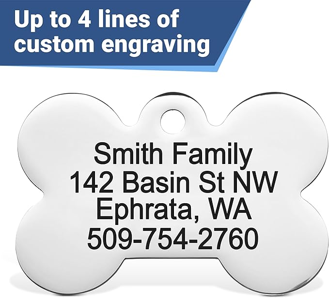 GoTags Stainless Steel Pet ID Bone Round and Heart Shaped Tags with Enamel Paw Design, Personalized Dog and Cat Tags, up to 5 Lines of Custom Text, Engraved on Both Sides (Rose, Regular Bone)