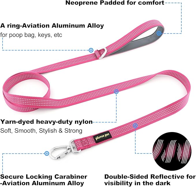 Plutus Pet Heavy Duty Dog Leash with Lockable Aluminum Carabiner, 4/6 Feet Long, Double-Sided Reflective Nylon, Padded Handle, for Puppy, Small, Medium and Large Dogs (Pink, 4/5" x 4')