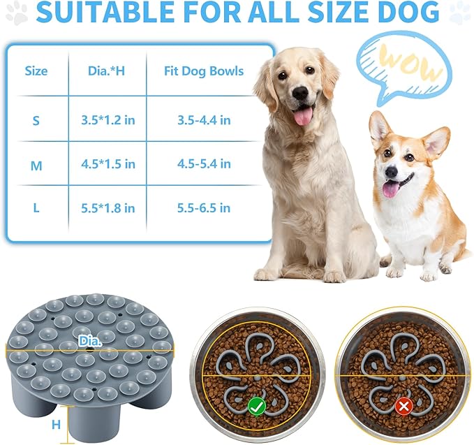 Slow Feeder Dog Bowls Insert, Bestalk Soft Silicone Slow Eating Dog Bowl Insert with Suction Cups for Small, Medium and Large Dogs(Grey L)