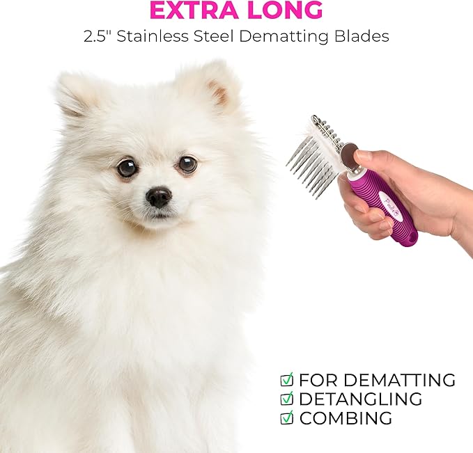 Poodle Pet Bundle - Dematting Fur Rake Comb Brush Tool with Steel Safety Blades and Detangling Pet Comb with Long + Short Stainless Steel Teeth for Detangling Matted or Knotted Undercoat Hair (Pink)