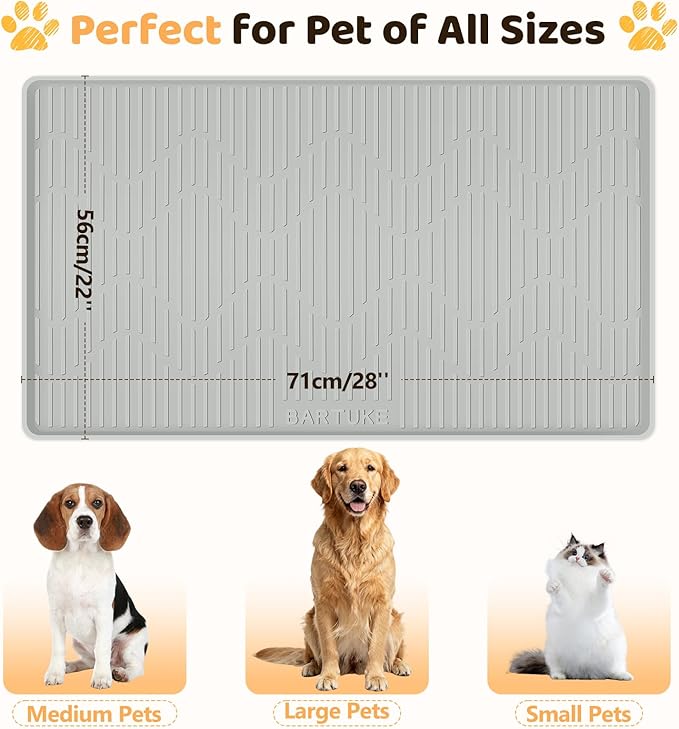 Bartuke Silicone Cat & Dog Food Mat, 28" x 22" Large Pet Feeding Mat for Cats and Dogs Bowl, Pet Placemat for Food and Water with Raised Edge, Waterproof, Leakproof (Grey)