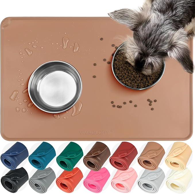 VIVAGLORY Dog Food Mat Flexmat Dog Bowl Mat, Placemat Food Tray with Raised Edges & Lip for Indoor Floor, Non Slip Waterproof Silicone Dish Placemat for Cat & Pet, S, Khaki