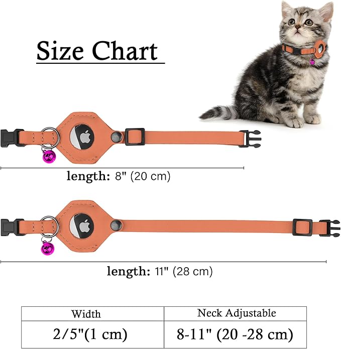 Breakaway Airtag Cat Collar with Removable Bell - Leather Pet Collar with Apple Air Tag Holder - Adjustable GPS Collars for Girl Boy Cats Kitten Puppy - Lightweight, Cute and Comfortable (Peach)