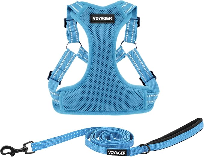 Best Pet Supplies Voyager Mesh Dog Breathable Harness Reflective Stitching, All Weather Adjustable for Walking Training, or Running - Heavy Duty & Durable, Harness Leash Set (Baby Blue), M