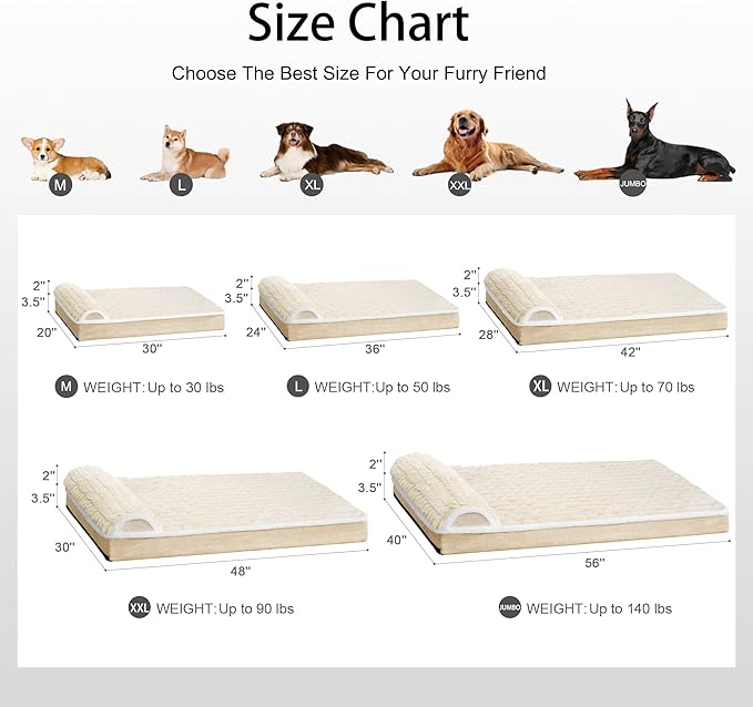 Orthopedic XL Dog Bed Large Sized Dog with Pillow 48''X30'', Waterproof Soft Comfortable Egg Crate Foam Pet Crate Beds Mat with Removable Washable Cover and Non-Slip Bottom, Cream
