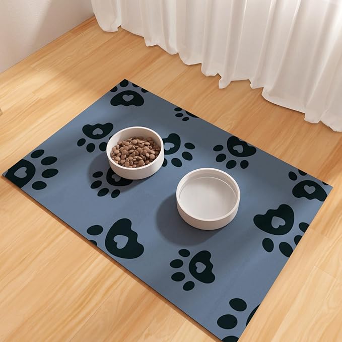BLESWIN Dog Feeding Mat 12"x20", Absorbent Mat for Dog Water Bowl, Rubber Pet Food Mat, Pet Food Mats for Floor Waterproof, Pet Placemats for Food and Water, Cat Feeding Mat, Blue