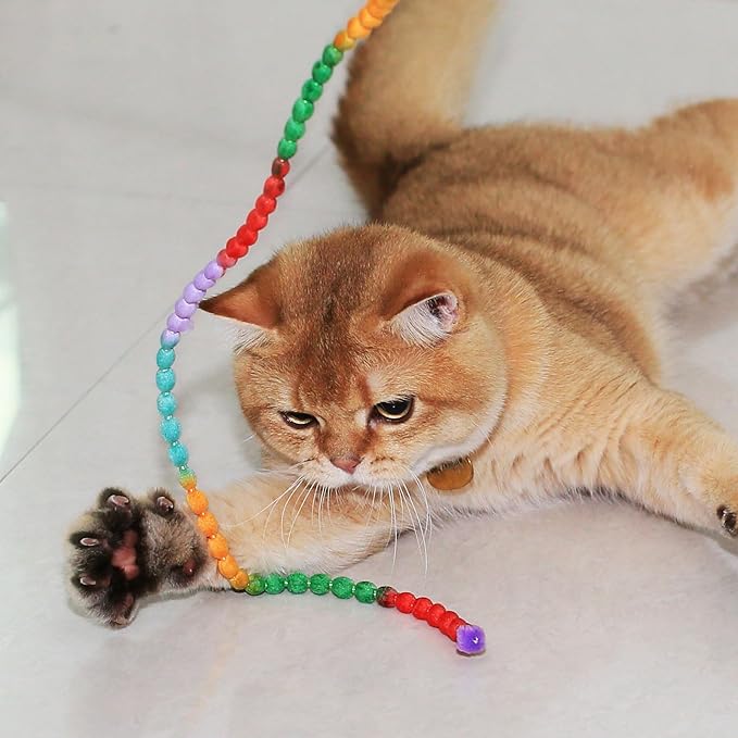 MeowAroma Interactive Cat Toys, 3 Pcs Cat Wand Toys for Indoor Kitten with Colorful Bead Shape Hemp Rope and Small Bell, Kitty Teaser String Toy for Indoor Cats to Chase and Exercise