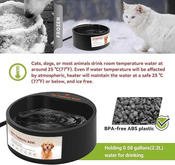 PETLESO Outdoor Heated Water Bowl for Dogs Cats, 2.2L Winter Heating Dog Water Bowl with AntiBite Wire, Provides Drinkable Water, Pet Warm Dish Smart Thermal for Outdoor Chickens Rabbits Birds, Black