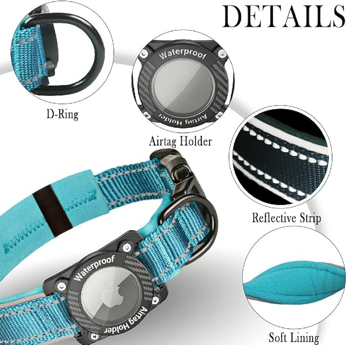 Upgraded AirTag Dog Collar, IP68 Waterproof Dog Collar with Apple Air Tag Holder, Reflective Adjustable Heavy Duty Dog Collars with Soft Padded for Small, Medium and Large Dogs,Blue, L