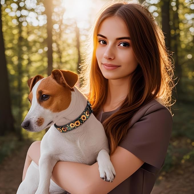 HEELE Dog Collar, Adjustable Soft Dog Collar for Small Medium Large Dogs,Sunflower Floral Patterned Puppy Collars with Quick Release Buckle Sunflower Black M Length 13.39''-20.87''