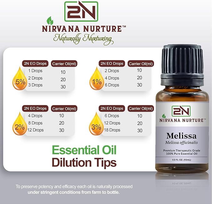 Nirvana Nurture Melissa Essential Oil 100% Pure Premium Therapeutic Grade, Undiluted - Aromatherapy Diffuser for Calm and Relaxation, Skin Care, Hair Care