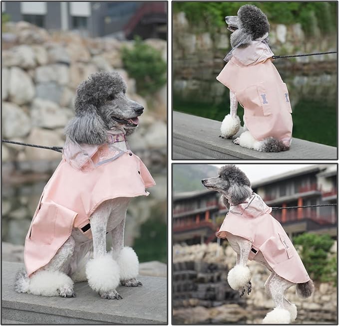 Dog Raincoat Waterproof, Adjustable Reflective Hooded Dog Rain Poncho with Leash Hole for Small Medium Large Dogs (Pink, Small)