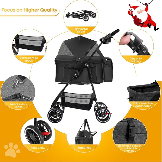 2-in-1 Foldable Pet Stroller with Canopy, 4 Wheels Pet Strolling Cart for Small/Medium Dogs and Cats with Removable Carrier,Breathable Mesh,Mom Tote Bag,Cup Holders,Easy Assembly,Black