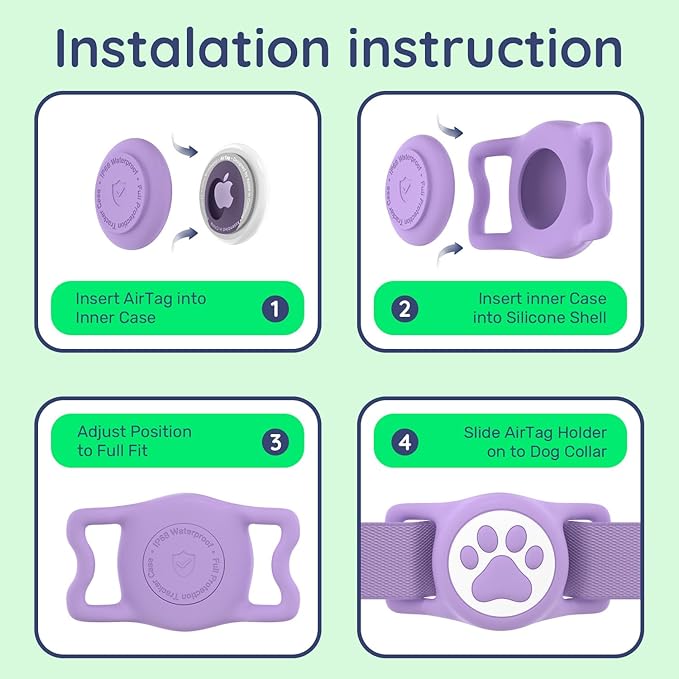 WhoseID Apple Airtag Holder for Dog Collar - IPX8 Waterproof, Lightweight & Soft Silicone Case for Air Tag, Adjustable Fit Dog Cat Pet Collars (Purple, 1 Pack)