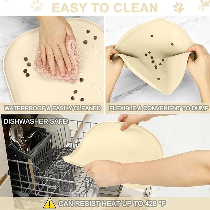 Small Silicone Pet Food Mat with Raised Edge for Food and Water Bowl, Square Dog Feeding Mats, Cat Food Trays for Floor Waterproof, Rubber Tray for Dogs and Cats, 12 x 12 x0.7 White Sand (Yellow Cast)