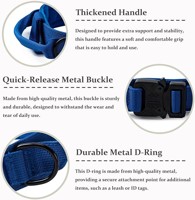 Tactical Dog Collar, Adjustable Military Training Nylon Dog Collar with Control Handle and Heavy Quick-Release Metal Buckle for Small Medium Large Dogs, Dark Blue XL