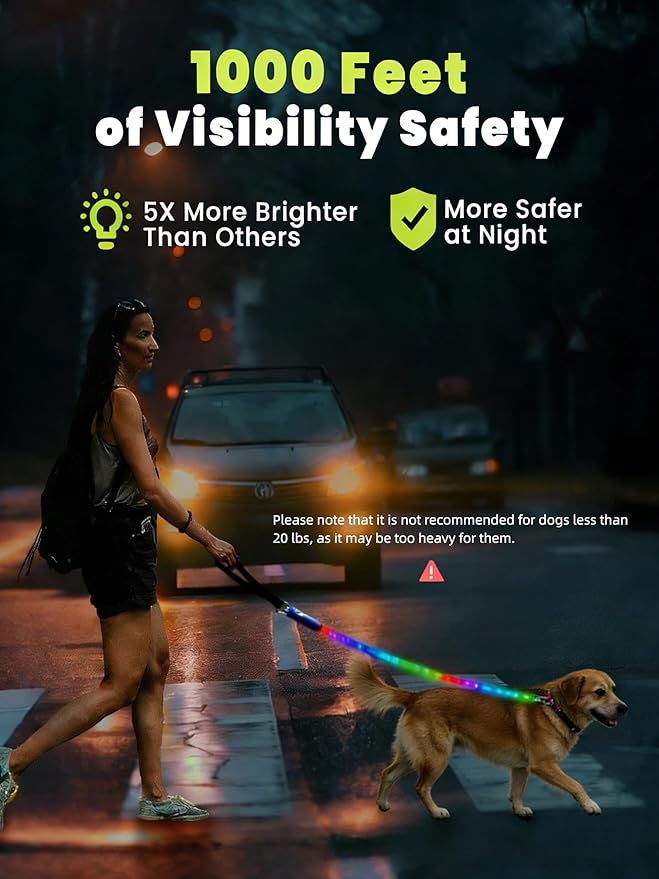 Xeuch Light Up Dog Leash, LED Pet Leash for Night Walking,13 Lighting Modes, Rechargeable Dog Lights, Glow in The Dark Walking Leashes with Tangle-Free Hook for Medium Large Dogs (Leash-5Ft)