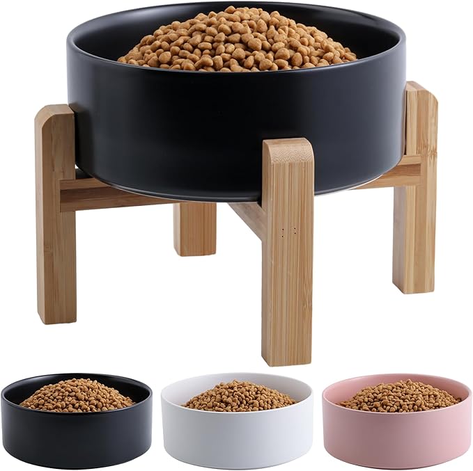 Black Elevated Dog Bowl Ceramic for Medium Large Sized Breed,Raised Dog Food Water Bowl with Stand,8 in 7.6 Cups Non Slip Pet Dish Heavy Weighted