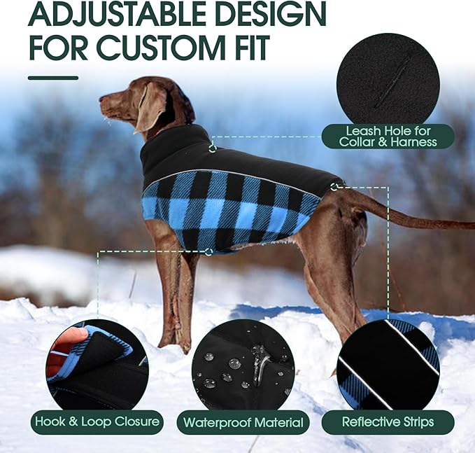 Kuoser Dog Winter Coat, Reversible Waterproof Dog Jacket with Reflective Strip, Warm Dogs Fleece Vest Adjustable Doggy Cold Weather Clothes Plaid Christmas Outfit Pet Apparel for Medium Dogs, Blue M