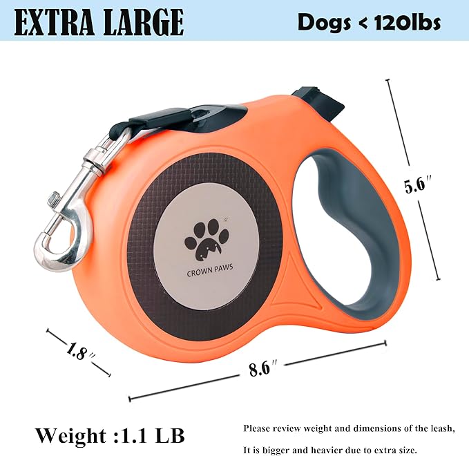 CROWN PAWS 16 ft Retractable Dog Leash for Extra Large Dogs up to 130 lbs,Tangle-Free Nylon Tape,Orange Dan24 XL