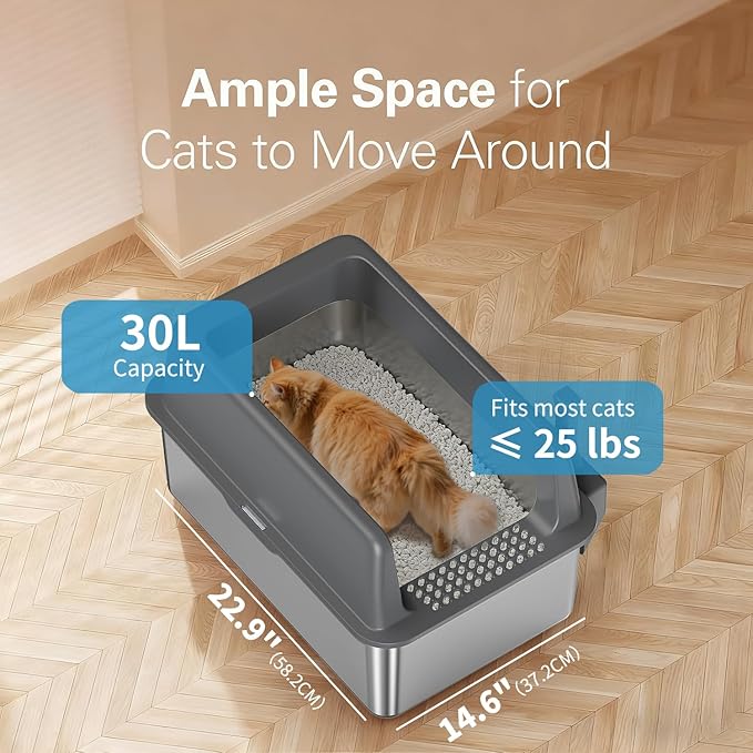 Zarler Stainless Steel Litter Box with Lid, Extra Large Cat Litter Boxes, XL Large Metal Litter Box for Big Cats with High Sided, Grey (Non-Sticky, Easy to Clean, Anti-Urine Leakage)
