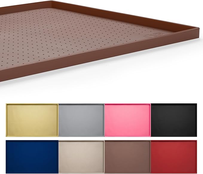 Hubulk Dog Feeding Mat,100% Waterproof Food Grade Silicone Pet Food and Water Bowl Placemat,Dishwasher, High Raised Edge to Prevent Spills,Nonslip Tray to Stop Messes on Floor（28"x18"x0.8", Brown）