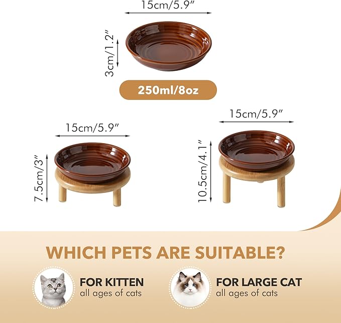 Elevated Ceramic Cat Dish, Wide Whisker Friendly Anti-Slip Food & Water Bowl with 2 Heights Adjustable Stand - Pet Bowl Set for Cats (1 Dish + 1 Stand, Caramel Brown)