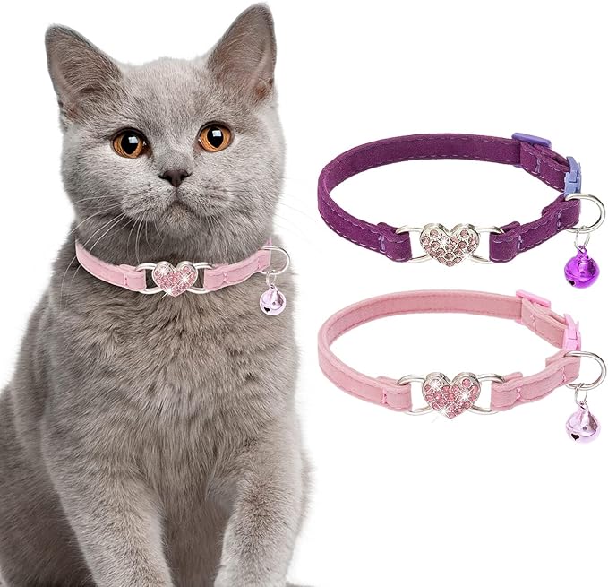 BINGPET Cat Collar Breakaway with Bell, Pack of 2 Heart Bling Collar Safety with Soft Velvet Adjustable for Kittens