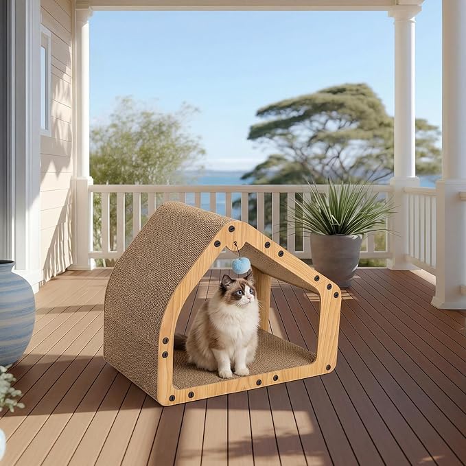 20'' Cardboard Cat Scratcher House - Large Cat Scratching Board with Balls, Cat Lounger as Tunnel for Indoor Cats and Kittens, Safe & Secure, Brown