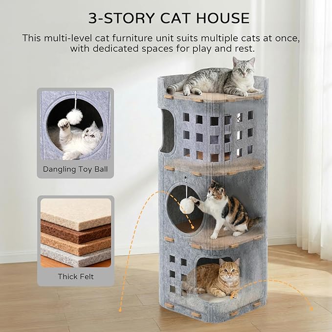 3 Storey Cat House for Indoor Cats,Foldable Large Cat Beds with Felt,Scratch Resistant,Cat Condos with Fluffy Balls,Cat Castle with Hideway Tunnel,Cat Playhouse for Multicats (Light Grey)