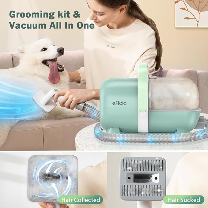 Afloia 6-in-1 Dog Grooming Kit, Pet Grooming Vacuum for Shedding, Dog Hair Vacuum with Clipper Nail Trimmer Grinder, Pet Brush Groomer at Home, Low Noise Cats Hair Remover, 1.5L Dust Cup, Green