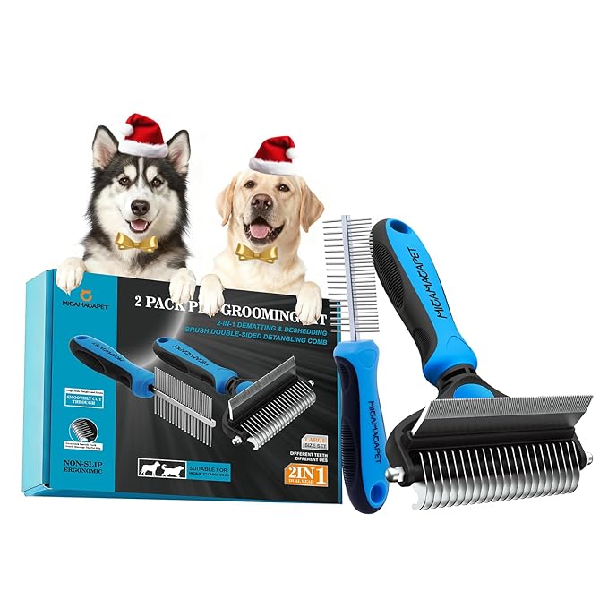 Dog Brush for Shedding, Deshedding Dog Brush for Long Haired Dogs, Cat Grooming Set 2 in 1 Undercoat Rake with Flea Comb-Large