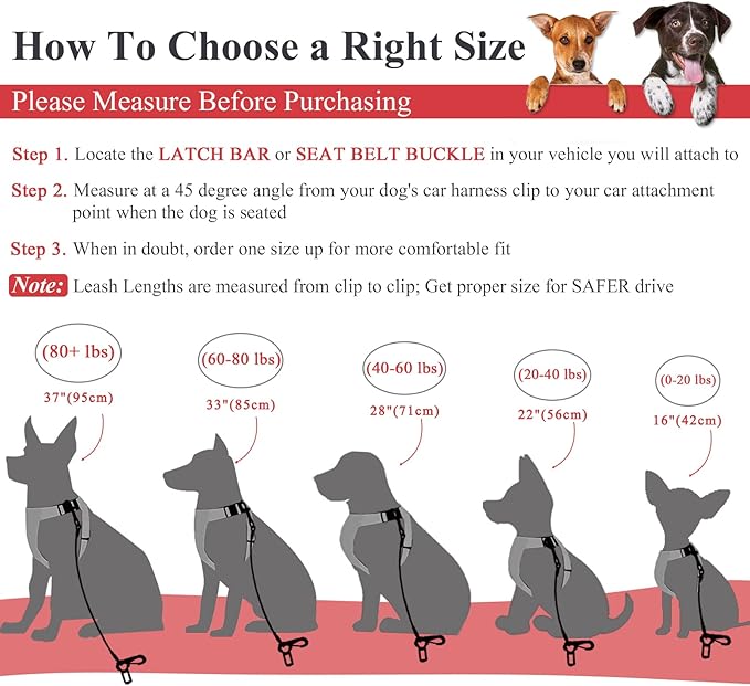 VIVAGLORY Dog Seat Belt Tuffbelt Dog Car Harness, Seatbelt with Clip & Hook for Car Travel, Chew Proof Anti Chew Unchewable Metal Safety Tether Restraint, S, Red