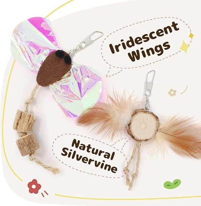 SONGWAY Interactive Cat Wand Toys - Retractable Teaser Wand and 6 Pieces Flying Bird & Crinkle Butterfly Dragonfly Cat Toy Feather Refills with Silvervine, Cat Feather Toys for Indoor Cats Kittens