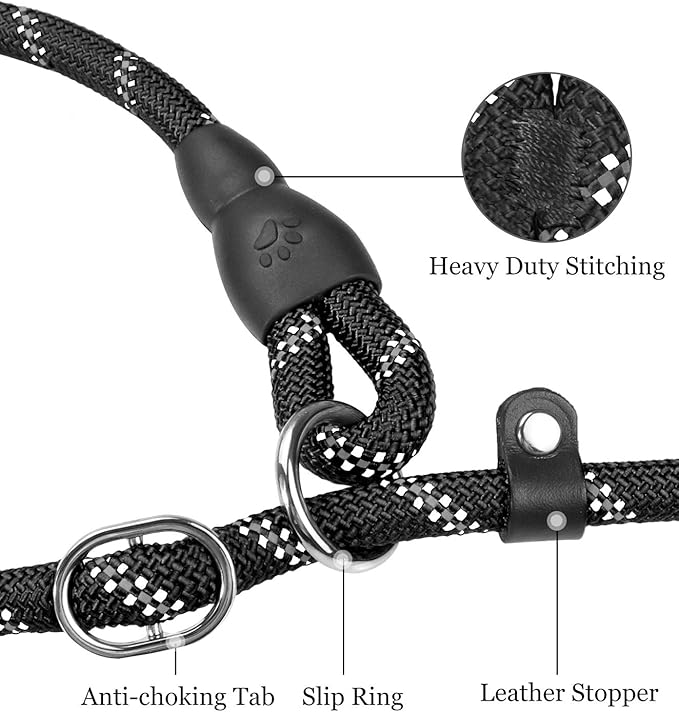 TagME Slip Leads for Dogs, 6 FT Heavy Duty Slip Leash with Padded Handle, Strong Rope No Pull Pet Training Leash for Medium Dogs,Black