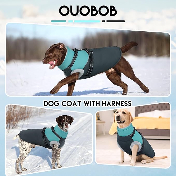 Dog Coat with Harness Built, Dog Winter Jacket with Zipper Closure, Warm Pet Fleece Puffer Coat with Reflective Strips & Furry Collar, Waterproof Snowsuit for Medium Large Dogs - Green M