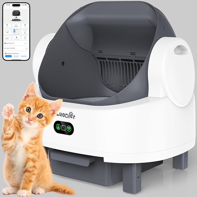 Automatic Cat Litter Box, Electric Large Open-Top Self Cleaning Litter Box for Multiple Cats, Smart APP Control, Multiple Safety Sensors, 1 Rolls Bags & 1 Mat WhiteGrey