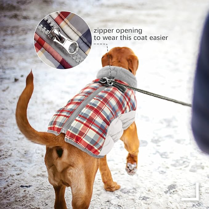 FUAMEY Dog Coat for Small Dogs,Waterproof Dog Winter Jacket with Harness Built in Puppy Cold Weather Coats Reflective Pet Vest with Zipper Warm Fleece Dogs Snowsuit Windproof Red Plaid XS