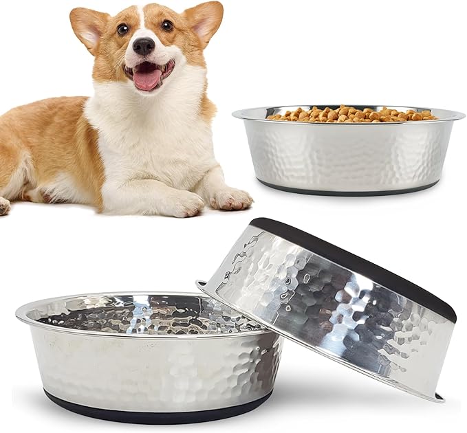 kathson Stainless Steel Cat Bowls 3 PCS Hammered Metal Dog Bowls with Rubber Non-Slip Base Pet Dishes for Water and Food Dishwasher Safe for Feeding Small to Medium Sized Pets(7.1in)