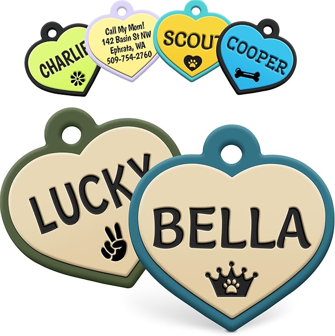 GoTags Silicone Dog Tags, Soundless Pet Tag, Personalized Silent Tag Engraved for Pets with Cute Custom Designs, for Dogs and Cats, (Heart, Beach Glass)