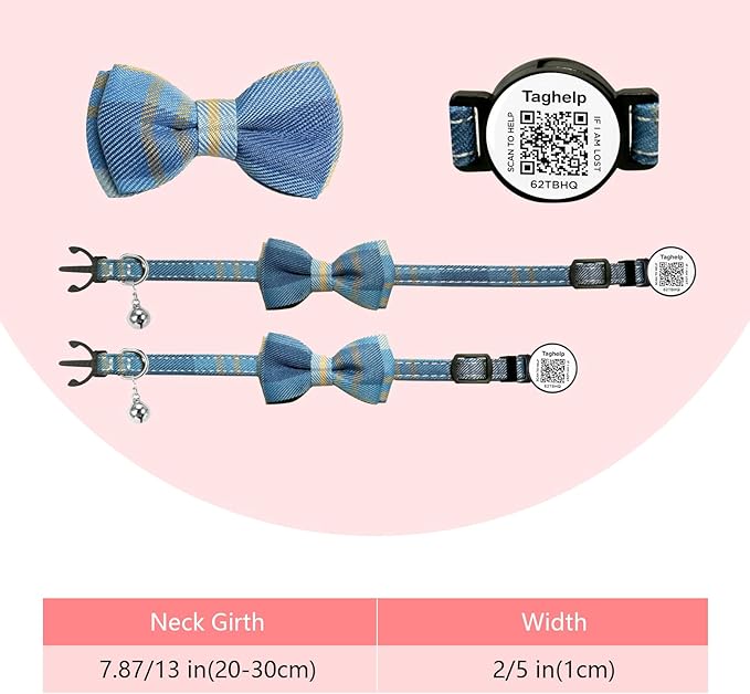 Upgraded Cat Collar with Bells, Breakaway Cat Collars with Bow Tie, Girl Boy Safety Plaid Collars with QR ID Tag for Girl Boy for Cats NO APP (Blue B)