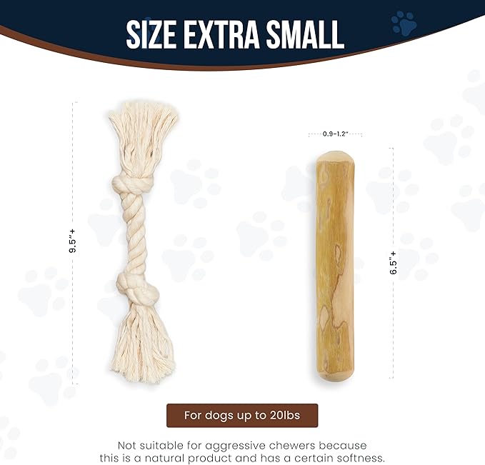 GOWGOW Coffee Wood Dog Chew Sticks 6.5" & Dog Rope Toys for Puppy - 100% Natural Puppy Chew for Teething, Organic Wood Stick - Size XS