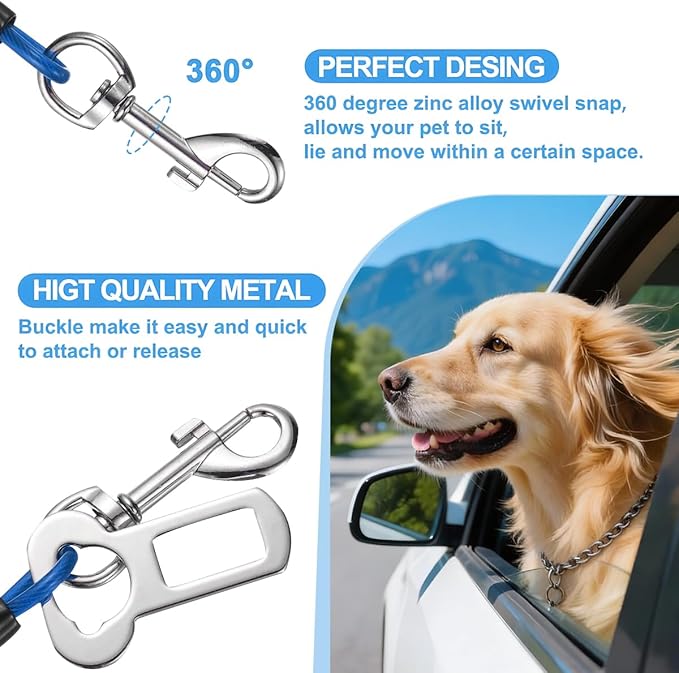 2 Pcs Car Seat Belt Harness for Dog, Dog Seatbelt Clips of Coated Wire Leash Safety Restraint, Metal No Chew Tether Cable Vehicle Dogs Accessories,Double Clips & Buckle Latch (Blue)