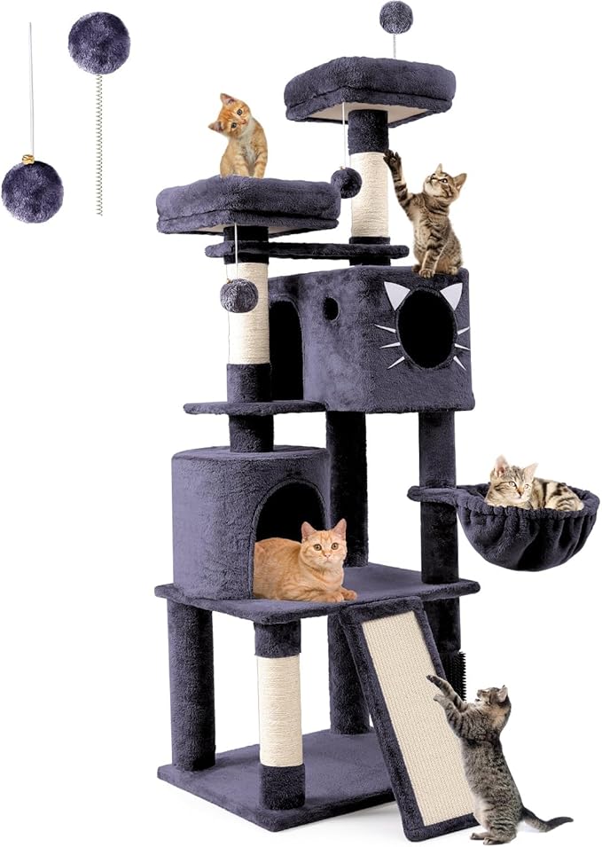 66in Multi-Level Large Cat Tree Tower for Indoor Cat/Kitties, Mordern Cat Tower with Sisal Scratching Posts, Condos and Hammock, Perches, Ramp for Climbing Heavy Duty