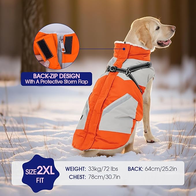 FUAMEY Dog Winter Jackets for Large Dogs,Dog Coat with Harness Built in,Waterproof Dogs Snowsuits Warm Pet Jacket Zip Up Fleece Cold Weather Coats Reflective Safety Pets Hunting Vest Orange 3XL