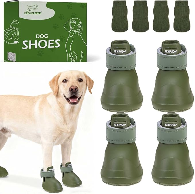 EXPAWLORER Dog Shoes for Small Medium Large Dogs, Waterproof Non-Slip Dog Snow Booties for Winter with Socks, Easy On & Off Pet Boots & Paw Protectors, Easy-Clean for Beach Outdoor Rain (Green XL)